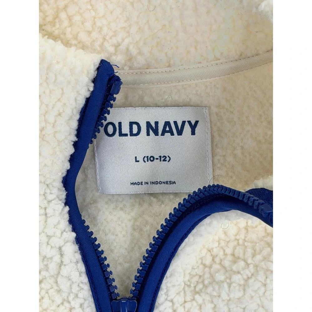 Old Navy Kids Sherpa Fleece Jacket Cream Blue Zip Up Mock Neck Large 10-12